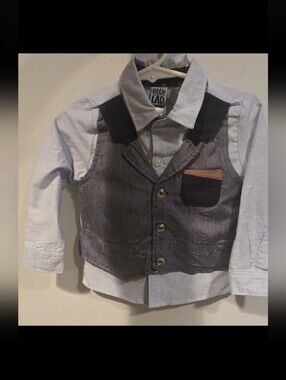 Little Lad Boys 18M Dress Shirt Attached Vest Outfit Set Blue Navy Pinstripe